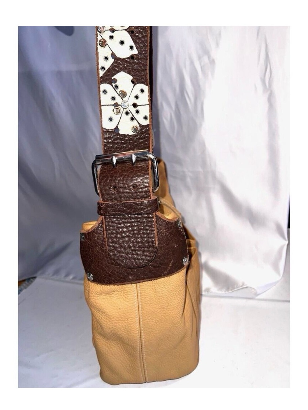 TYLIE MALIBU PEBBLED LEATHER HOBO SHOULDER BAG TAN BROWN CRYSTALS ON FLORAL STAP